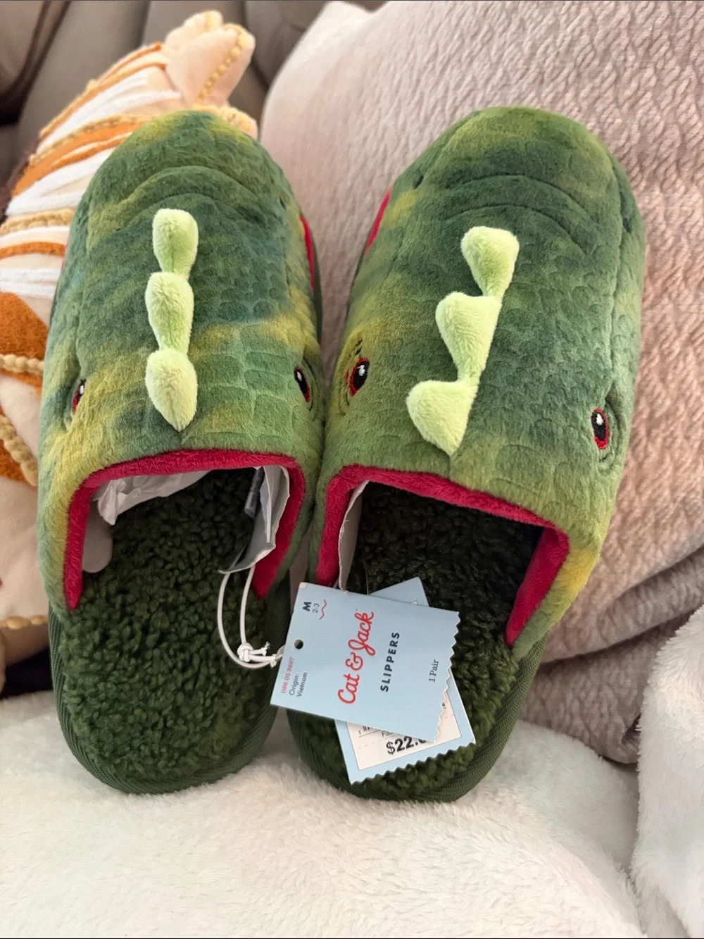 Cat & Jack Green Dinosaur Plush Slippers with Red Trim